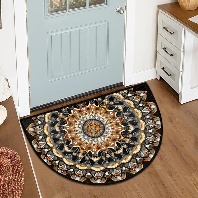 Boho Bohemia Gold Half Round Door Mat Non-Slip Semi Circle Rug Washable Half Moon Floor Rug Absorbent Bathroom Area Rugs for Outdoor Indoor Fireplace Mat Entryway Kitchen Decor Rugs