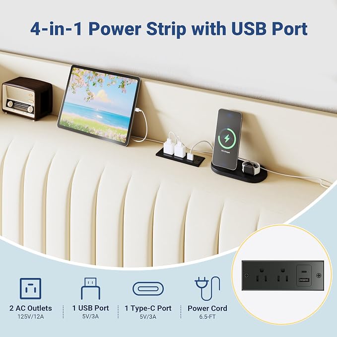 Allewie Full Size Platform Bed Frame with USB Charging Station and Storage Shelf/Upholstered Velvet Wingback Headboard/Wooden Slats Support/No Box Spring Needed/Easy Assembly, Cream