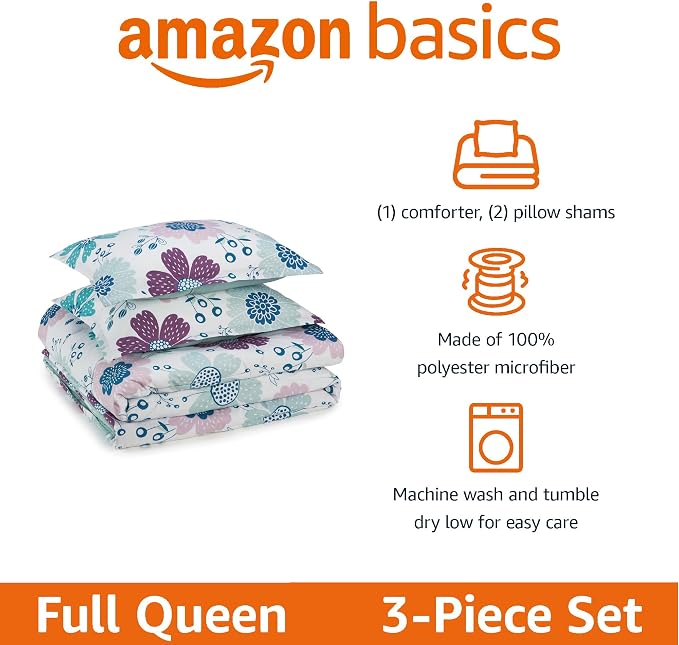 Amazon Basics 3-Piece Soft, Plush Microfiber Kids' Comforter and Pillow Sham Set, Full/Queen, Purple Flowers, Bluish Pink, Floral