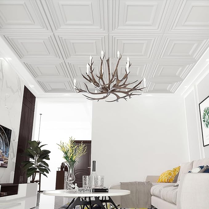 Art3d 48 Pack PVC Ceiling Tiles 24x24 Inches Waterproof Drop Ceiling Tiles/Wall Panels for Interior Wall Decor, Covers 192 Sq.,ft, Pure White