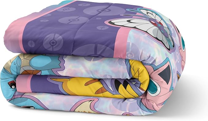 Northwest Pokemon Friendly Battle Twin Size Bed in a Bag Set, Pikachu Eevee Jigglypuff Squirtle, Kids Boys Girls Bedding Comforter Sheets