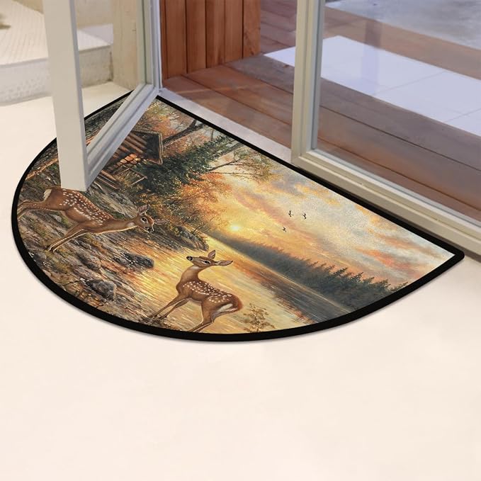Deer Lake Half Round Door Mat Semi Moon Rug Fireplace Carpet Area Rugs | Beautiful Deer Lake Non Slip Absorbent Half Circle Mat Carpet for Indoor Outdoor Patio Kitchen Bathroom Entryway Home Decor