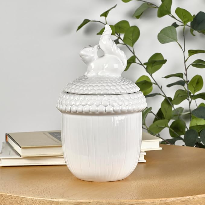 Elements White Squirrel Pinecone Ceramic Jar, 5.91x5.91x10.04 Inch