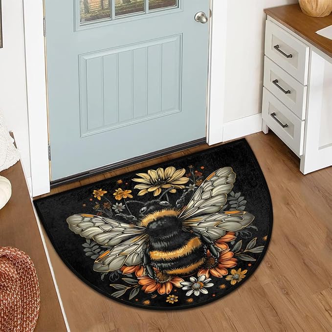Bee Half Round Doormat Semi Circle Rug Half Moon Rug Entryway Mat | Animal Bee Flower Washable Non Slip Outdoor Floor Rug Kitchen Mat for Indoor Outdoor Bathroom Fireplace Bath Decor