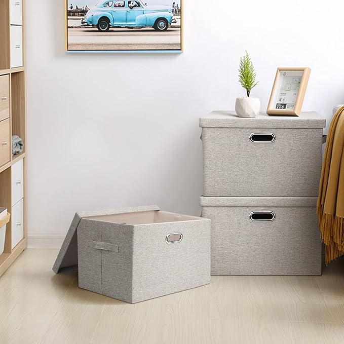 Graciadeco Large Quart Collapsible Stackable Storage Bins with Lids, 3 Packs Beige Linen Fabric Closet Boxes with Lids, Storage Cube Baskets Container Organizers for Bedroom Office(16.6 x 11.7 x 10.8) | 36 Quart 3 Pack Beige Collapsible Stackable Linen...