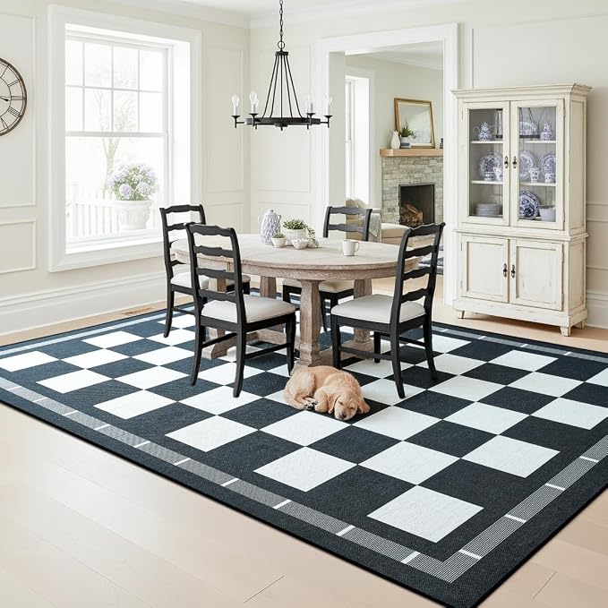 Vasofe 6x9 Checkered Jute Outdoor Rug, Washble Patio Balcony Plaid Area Rug | Washable Living Room Indoor Carpet, Non Slip Farmhouse Neutral Geometric Rugs for Camping Dining Room Backyard, Black/White