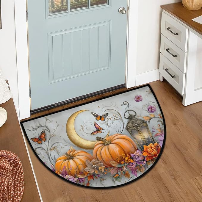 Pardick Half Round Door Mat Moon Pumpkin Butterfly Anti-Slip Semi Circle Rug 24X36 Entrance Welcome Mats Indoor Outdoor Door Mat, Washable Decorative Floor Mats for Kitchen Bathroom Hearth Fireplace