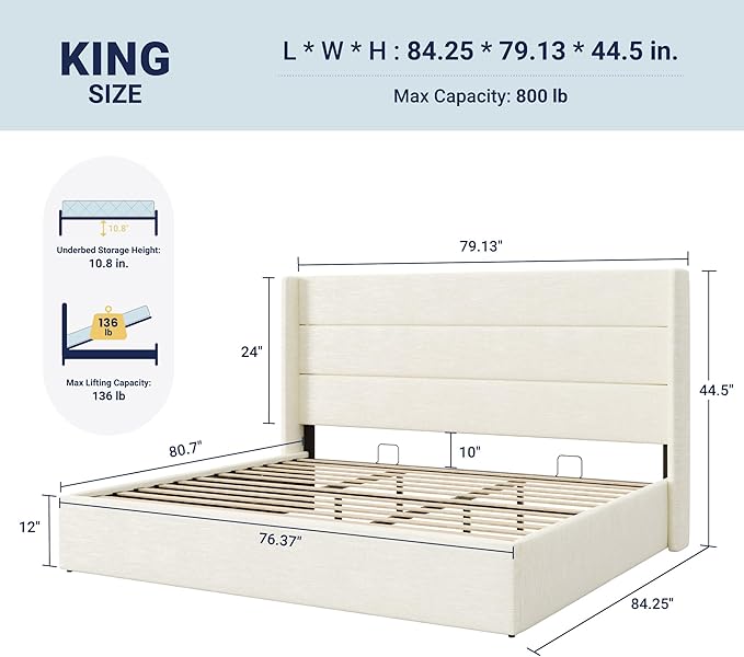 Allewie King Size Chenille Lift Up Hydraulic Storage Bed Frame Cream White | Chenille Fabric Upholstered, Modern Wingback Headboard, Hydraulic Support Storage, No Box Spring Needed