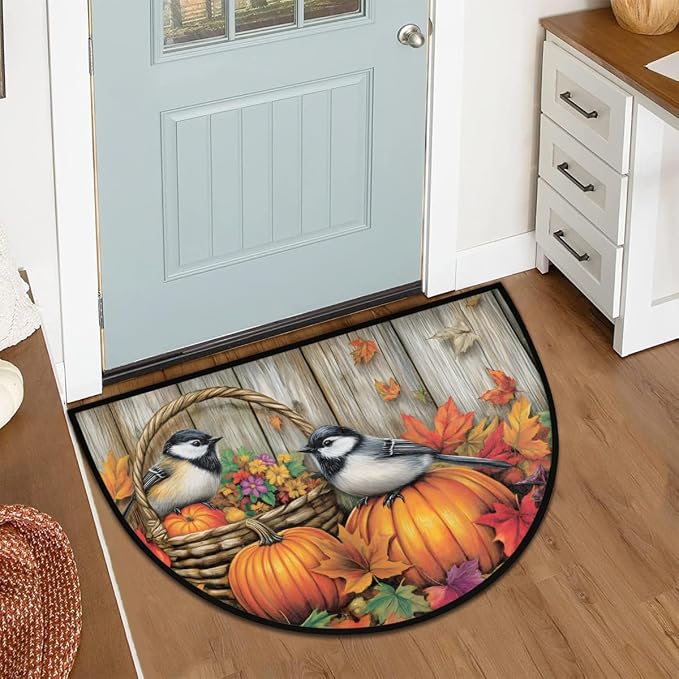 Pumpkin Bird Wood Maple Leaf Half Round Door Mat Non-Slip Soft Doormats for Home Indoor Outdoor Entrance Bath Carpet Area Rugs for Home Dining Living Room Bedroom 36" X 24"
