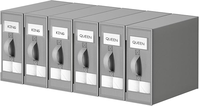 DIMJ Bed Sheet Organizers and Storage 6 Pack - Foldable Sheet Holder, Linen Closet Organizer Box for Sheets Set, Bedding, Blankets, Towel (King & Queen Size), Grey