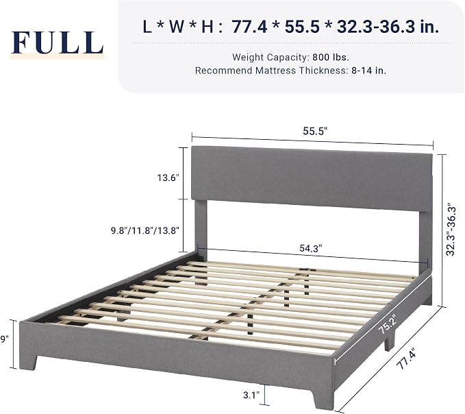 Allewie Full Size Upholstered Bed Frame Adjustable Headboard, Light Grey | Platform Bed with Heavy Duty Mattress Foundation, Noise-Free, Easy Assembly, Wood Slat Support, No Box Spring Needed