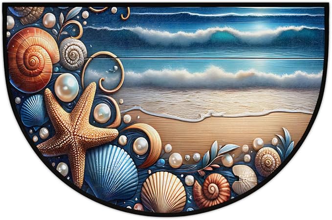 Beach Sea Shell Half Round Door Mat Non-Slip Semi Circle Rug Washable Half Moon Floor Rug Absorbent Bathroom Area Rugs for Outdoor Indoor Fireplace Mat Entryway Kitchen Decor Rugs