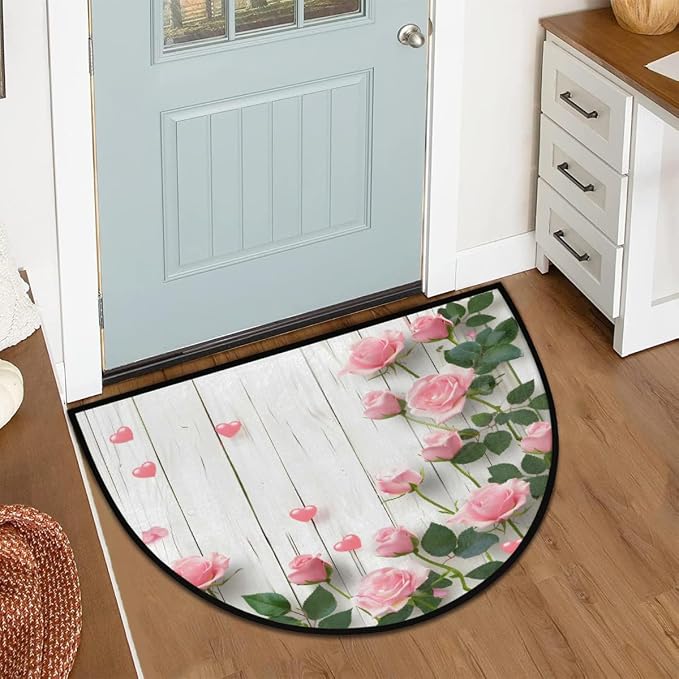 Wooden Half Round Doormat Non-Slip Semi Circle Rug Half Moon Mat | Pink Rose Flower Washable Soft Absorbent Indoor Outdoor Entrance Kitchen Bathroom Sink Patio Welcome Fireplace Floor Rug