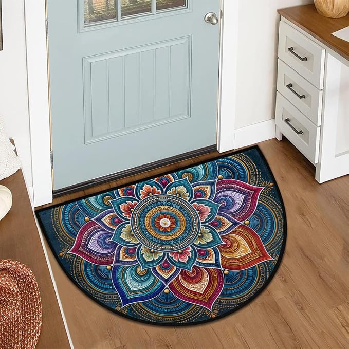 Flower Half Round Door Mat Semi Moon Rug Fireplace Carpet Area Rugs | Colorful Boho Non Slip Absorbent Half Circle Mat Carpet for Indoor Outdoor Patio Kitchen Bathroom Entryway Home Decor