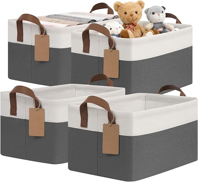 CHICVITA 4 Pack Fabric Storage Bins for Shelves, Gray & White | 14.8 × 10.3 × 8.3 in, Metal Frame, Leather Handles, Nursery & Living Room Organization, Toys, Clothes & Books Storage