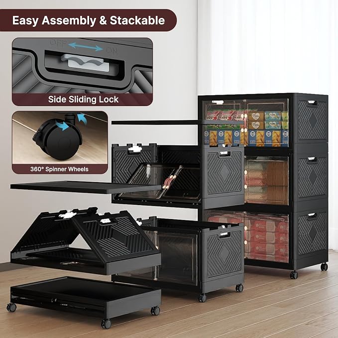 UAMFURI Stackable Storage Bins, 336QT Collapsible Drawers with 1 Lid | Large Capacity, Magnetic Door, Stack Lock, Rolling Wheels, Foldable Design, Organizers and Storage for Bedroom Dorm Garage