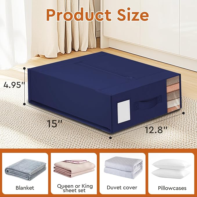 StorageTastic 8 Pack Bed Sheet Closet Organizers and Storage,Sturdy Foldable Storage Containers with Window and Label,Storage and Organization for Bedding Sheets,Duvet Covers,Blankets (Blue)