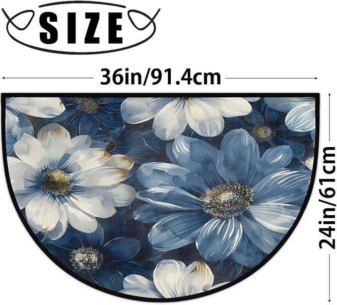 Flower Blue Half Round Door Mat Non Slip Half Circle Rugs | White Abstract Washable Half Moon Rug Semi Circle Rugs Indoor Entrance Floor Carpet for Kithen Bedroom Fireplace Decor