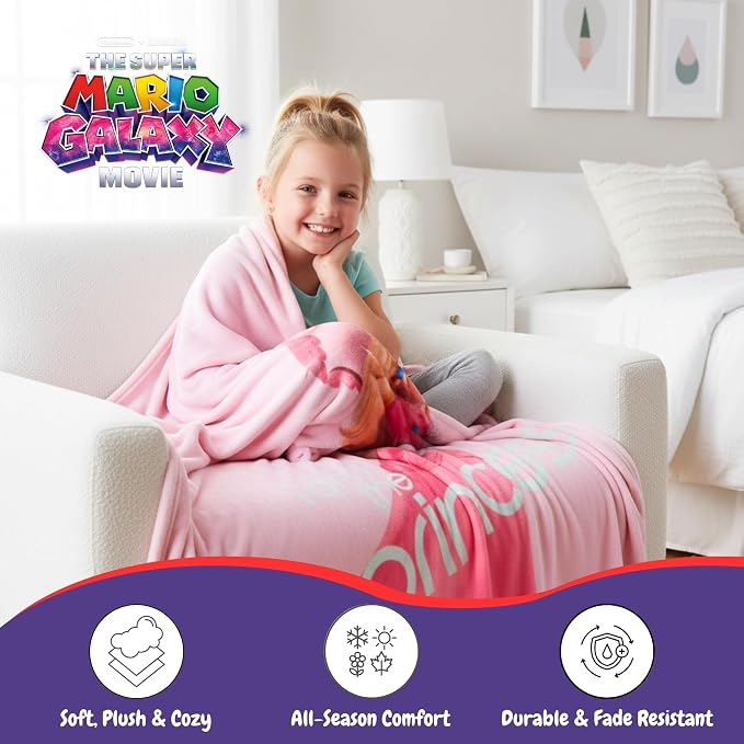 The Super Mario Galaxy Movie Throw Blanket, Princess Peach, Soft Cozy Decorative Blanket for Couch, Bed, or Gaming Room (100% Officially Licensed Product) By Franco Collectibles