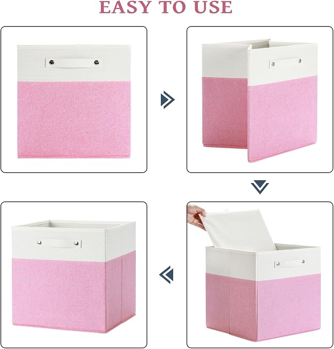 FinishingBo 13x13x13 Storage Cube Bins 6 Pack, Cube Shelf Baskets | Foldable Storage Cubes, Linen Storage Bins with Handles, Closet Organizers, White/Pink