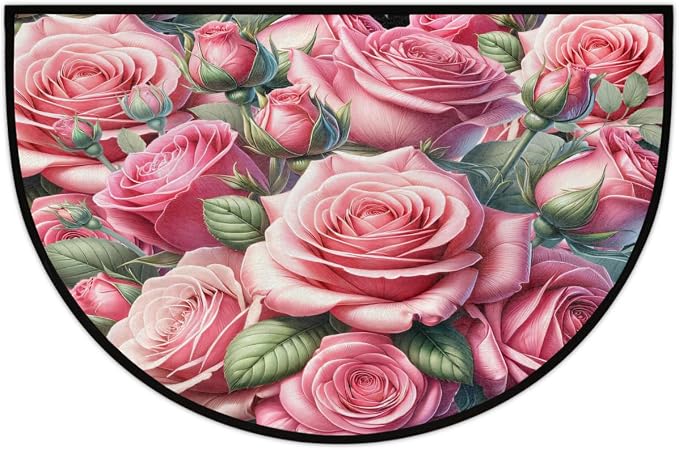 Pink Rose Flower Half Round Door Mat Non-Slip Semi Circle Rug Washable Half Moon Floor Rug Absorbent Bathroom Area Rugs for Outdoor Indoor Fireplace Mat Entryway Kitchen Decor Rugs