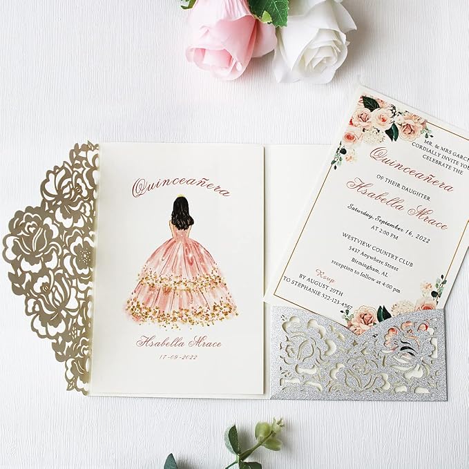 50PCS Customized Silver Laser Cut Quinceanera Invitation kit 5x7.3 Inch Hollow Rose Floral Quinceanera Invitation Cards with Envelopes for Quinceañera Birthday Invite