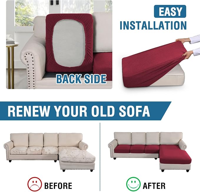 H.VERSAILTEX Sectional Couch Covers 4 Pieces Sofa Seat Cushion Covers L Shape Separate Cushion Couch Chaise Cover for Both Left/Right Sectional Couch (Seat Only: 1 Chaise + 3 Sofa, Burgundy)
