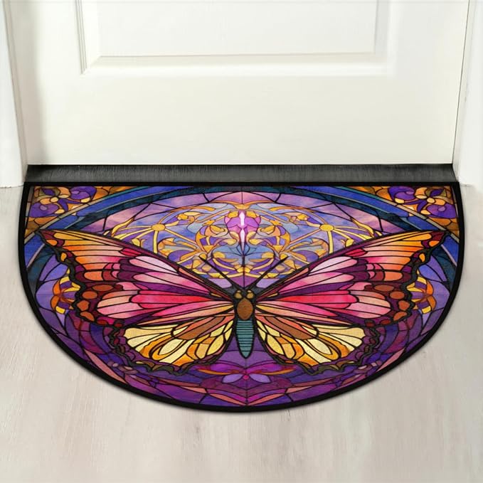 Moroccan Azulejo Butterfly Half Round Door Mat Intdoor Entrance 36x24 Inch, Non-Slip Welcome Mat for Outdoor Semi Circle Bathroom Floor Rugs,House Entry Way Heavy Duty Doormat for Kitchen Living Room
