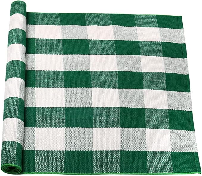 uxcell Buffalo Check Rug,Plaid Outdoor Rug,Layered Door Mat,Cotton Gingham Rugs,Floor Mat for Front Porch/Runner/Bedroom/Kitchen/Farmhouse 59"x35" Green & White