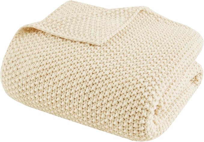 INK+IVY Bree Knit All Season Blanket Lightweight for Summer, Twin, Ivory | Ultra Soft, Acrylic, Breathable Fabric for Bed or Couch, OEKO-TEX Certified