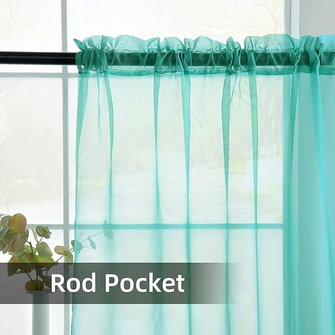youleyar Solid Sheer Rod Pocket Curtain Voile Draperies 2 Panels White Beige Black Grey Coffee 52 Inch Width 90 Inch Long 1 Pair for Kitchen Bedroom Children Living Room Yard (Turquoise,52Wｘ90L)