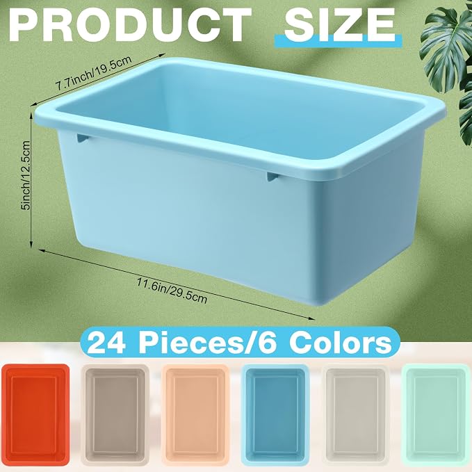 Thyle 24 Pieces Plastic Cubby Bins with Labels Classroom Book Bins Stackable Storage Container Durable Toy Storage Organizer Baskets for School Classroom Office (Classic,Retro Color)