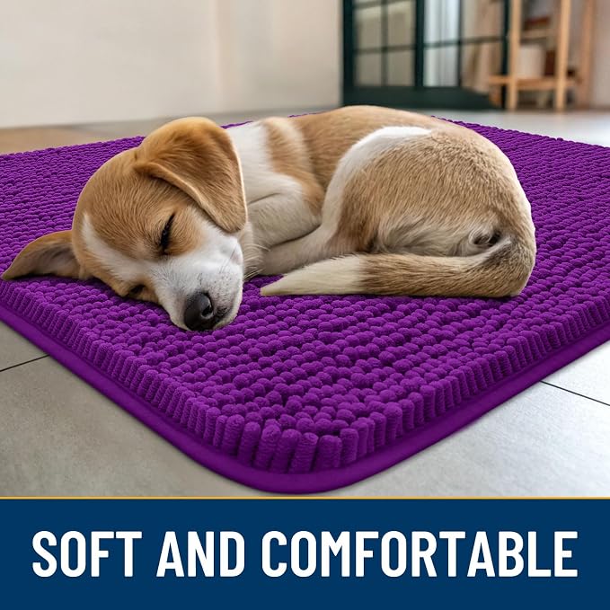 Smiry Dog Door Mat for Muddy Paws 30x20, Absorbent Dirt Trapper, Non-Slip Washable Chenille Entryway Rug for Inside Floor, Purple, Classic Solid