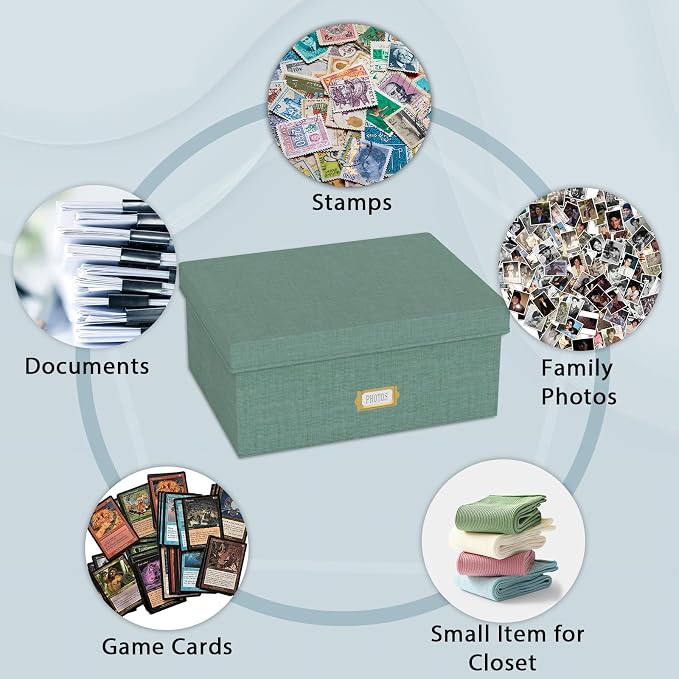 Decorative Photo Storage Box, Linen Photo Box Holds 1700 5x7 Pictures Green | Photo Storage Containers with 8 Dividers, Memory Keepsake Organizer for Photos, Scrapbook Supplies, Cards, Stamps,Archive Box