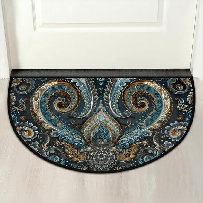 Paisley Half Round Doormat Non-Slip Semi Circle Rug Half Moon Mat | Ethnic Turquoise Washable Soft Absorbent Indoor Outdoor Entrance Kitchen Bathroom Sink Patio Welcome Fireplace Floor Rug