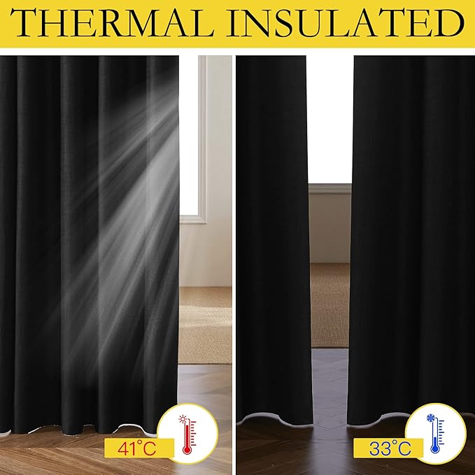 NICETOWN Black Out Linen Curtains, Complete Blackout Shades for Large Window Door, 100% Blackout Window Curtain Panels with White Lined, 62 inches Width Each Panel, 108 inches Length, 2 Pieces