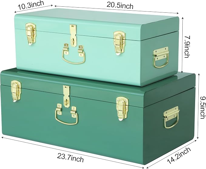 Vixdonos Decorative Large Metal Box Storage Trunk Chest Set of 2 College Dorm Organizer with Hardware Hasps and Handle for Home Deocr,23.7X14.2X9.5 Inches
