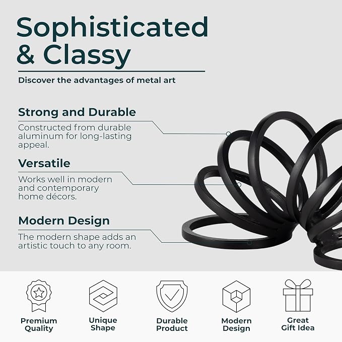 Black Metal Decorative Sculpture – Contemporary Geometric Aluminum Accent for Living Room, Shelf, Coffee Table, Bedroom, or Office – Modern Minimalist Home Decor – 11", Black