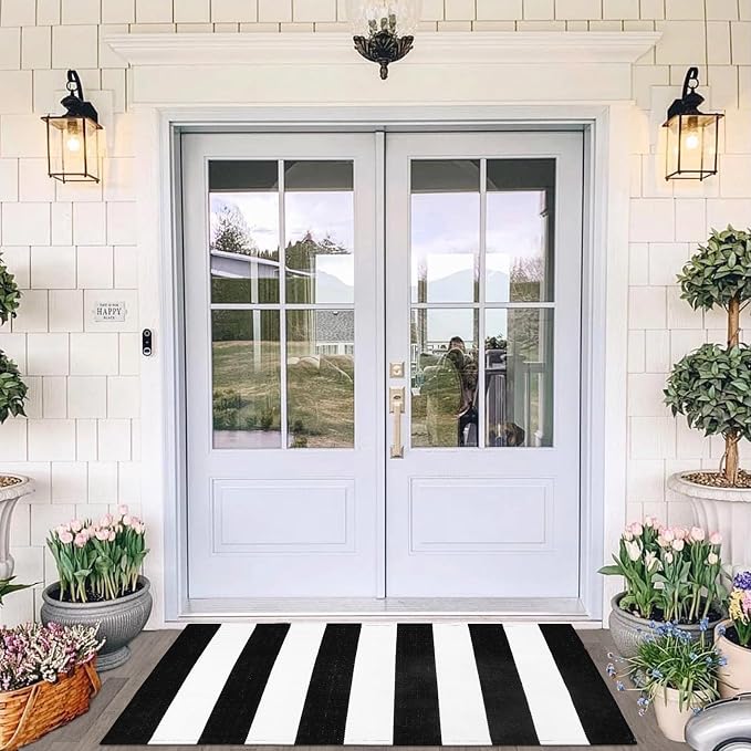 Collive Black and White Outdoor Striped Rug 27.5"x 43", Washable Layered Door Mats Outdoor,Farmhouse Front Porch Rug Decor,Cotton Woven Entryway Rugs for Welcome Mat Kitchen