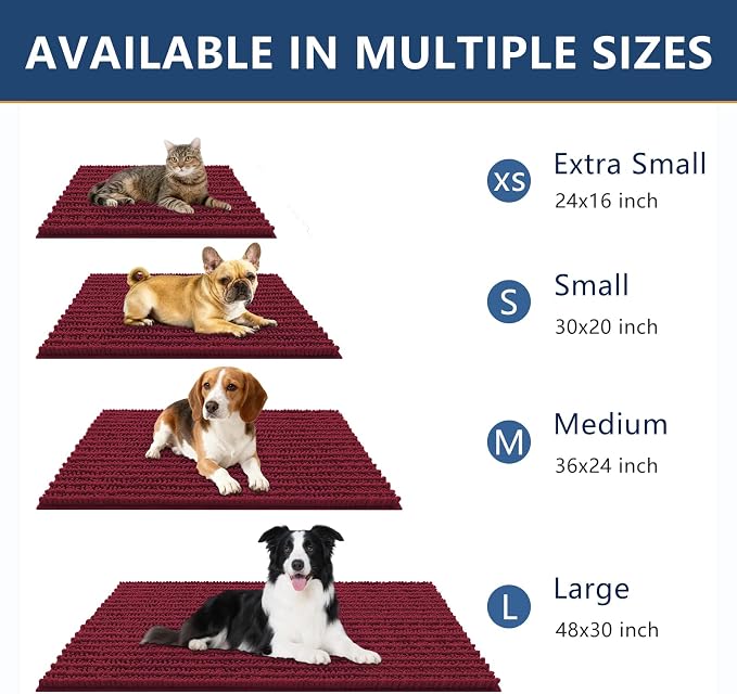 Smiry Dog Door Mat for Muddy Paws 24x16, Absorbent Dirt Trapper, Non-Slip Washable Chenille Entryway Rug for Inside Floor, Burgundy, Layered Pattern