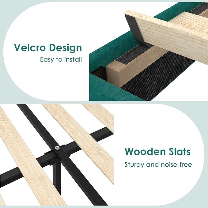 VECELO Queen Size Platform Bed Frame with Height Adjustable Upholstered Headboard, Modern Mattress Foundation,Strong Wood Slat Support, No Box Spring Needed, Easy Assembly,Dark Green
