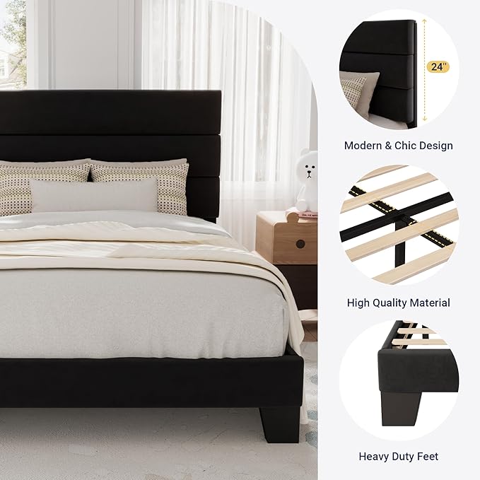 Allewie Twin Size Platform Bed Frame with Velvet Upholstered Headboard | Wooden Slats Support, Fully Upholstered Mattress Foundation, No Box Spring Needed, Easy Assembly, Noise-Free, Black