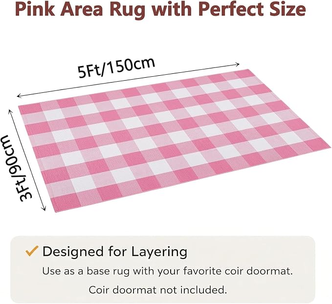3x5 Ft Outdoor Rug, Pink and White Front Door Mat, Cotton Woven Entryway Rug, Washable Layering Rug for Front Porch Outdoor Decor