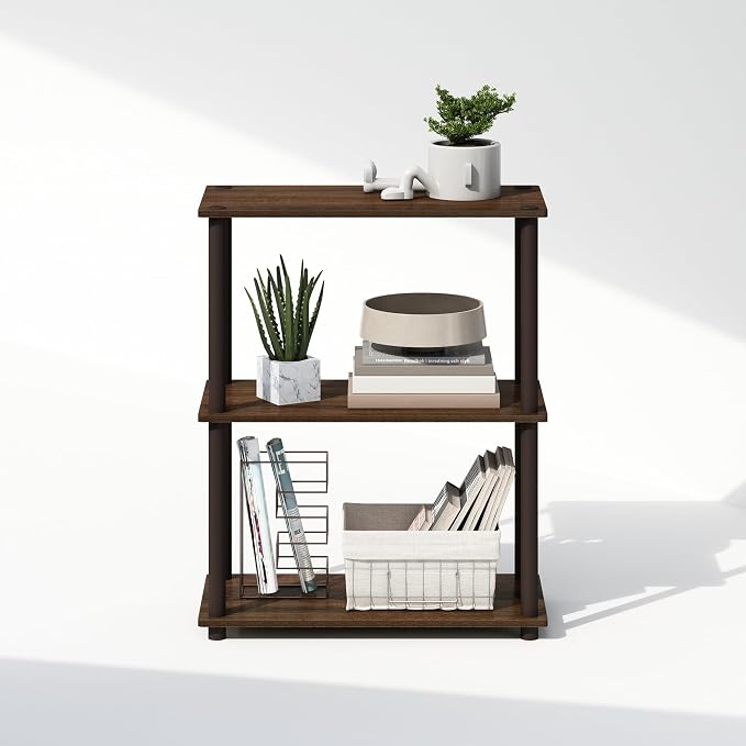 Furinno Turn-N-Tube Book Shelf, 3-Tier Bookshelf, Bookcase with Multipurpose Compact Display Rack, 11.6 x 23.6 x 29.6, for Living Room, Bedroom, Home Office, Walnut/Brown