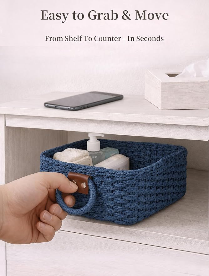 Small Wicker Baskets, 3 PCS Paper Rope Baskets for Shelves, Blue | Recycled Small Baskets, 3 Sizes Woven Baskets for Organizing, Decorative Storage Baskets for Bedroom and Bathroom