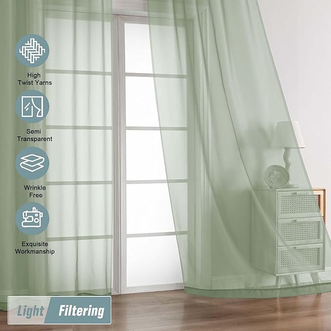 Sage Green Sheer Curtains 84 Inches Long 2 Panels, Elegant Airy Transparent Light Filtering Window Curtains, Window Drapes for Living Room Bedroom, Top Dual Rod Pocket Design, 2x42Wx84L Inches