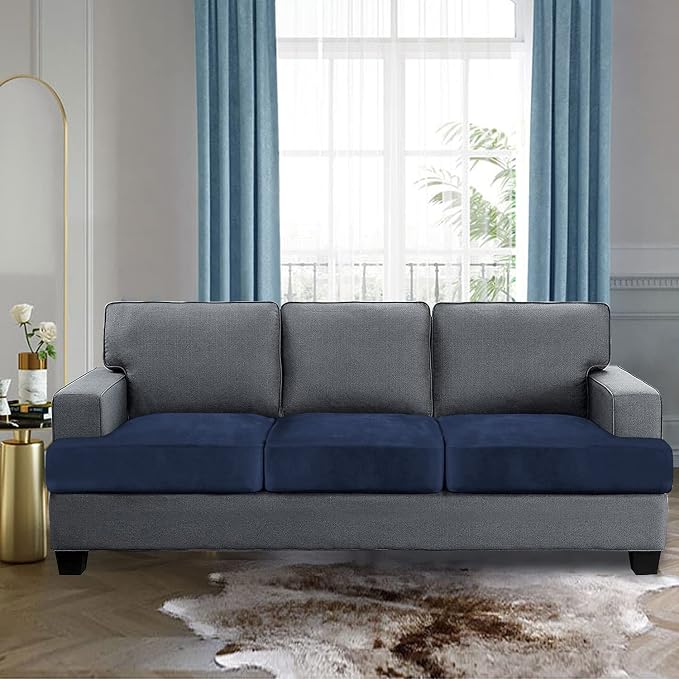 H.VERSAILTEX Stretch Velvet 3 Piece T Cushion Sofa Slipcovers Individually Sofa Cushion Covers for 3 Cushion Couch Seat Cushion Covers for Sofa Seat Cushion Covers Stay in Place(Sofa, Navy)