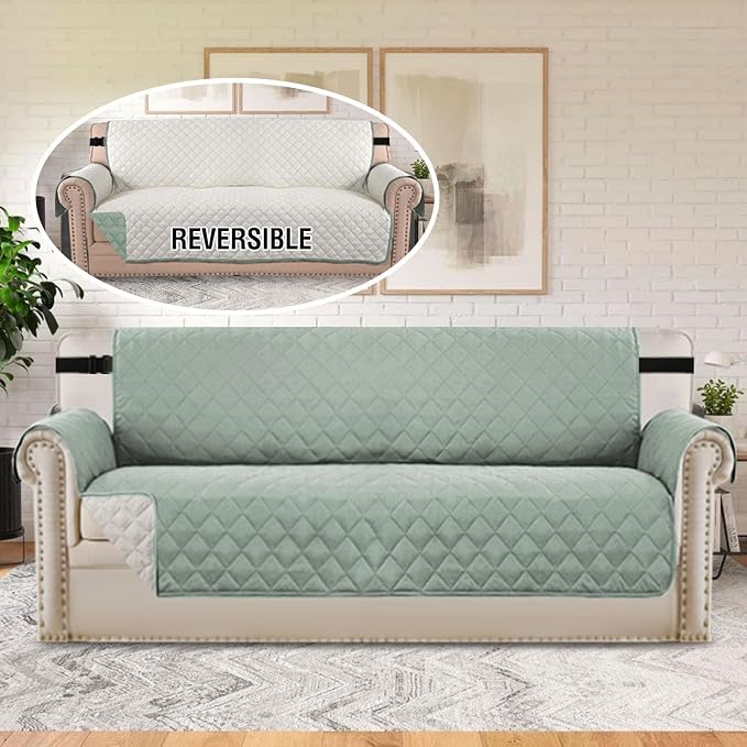 H.VERSAILTEX Sofa Protector for Dog Sofa Slipcover Quilted Furniture Protector with Non Slip Elastic Strap Water Resistant Sofa Cover Couch Cover Seat Width: 78"(Oversized Sofa, Desert Sage/Beige)