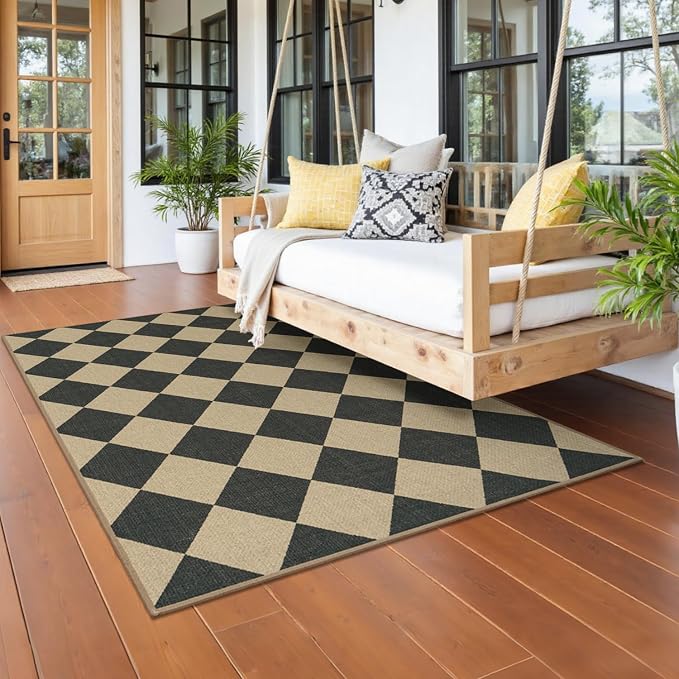 Lessymo Checkered 3x5 Outdoor Patio Rug, Washable Easy Jute for Entryway | Indoor Outdoor Living Room Carpet, Farmhouse Non Slip Door Mat for Backyard Bedroom, Stain Resistant, Diamond Black/Beige
