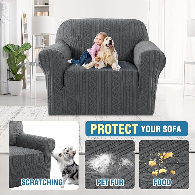 H.VERSAILTEX Chair Covers 1 Piece Couch Stretch Covers Washable Couch Covers Anti-Slip Soft Pet Couch Covers for Sofa Upgrade Thick Jacquard Fabric with Spiral Pattern(30"-40", Grey)